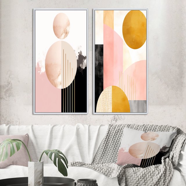 Designart "Géométrie Lunaire Rétro Rose Doré en Fleurs I" Art Mural Géométrique Moderne Encadré Ensemble de 2 - Art Mural Encadré Rose Moderne Ensemble de 2