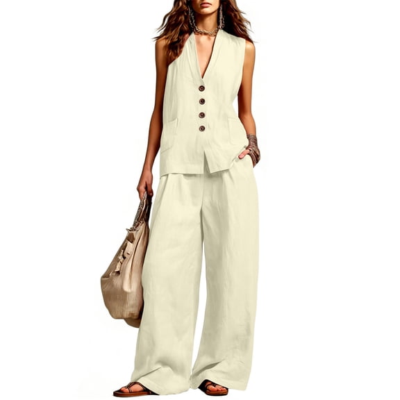 Bosfbaoi Two Piece Sets for Women Linen Blend Fashion Outfit Set V-Neck Sleeveless Button Tops Comfort Waist Wide Leg Pants Matching Sets Women Clothing