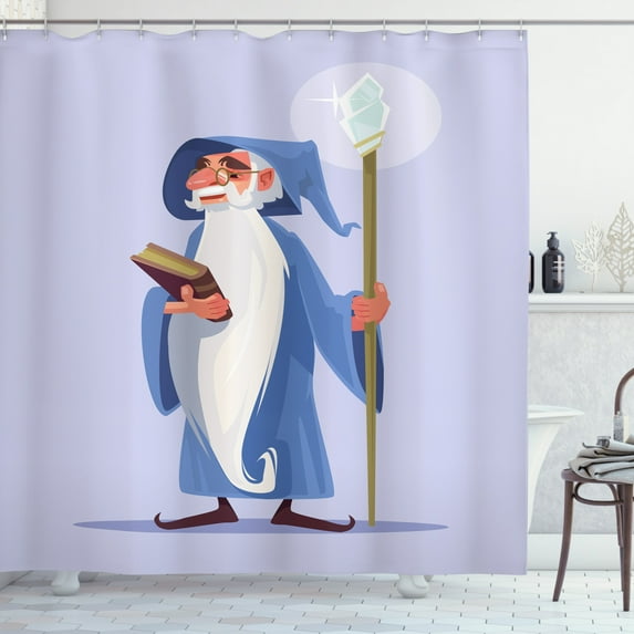 Wizard Shower Curtain, Happy Smiling Old Sorcerer Magician Character with White Beard Holding Magic Book, Fabric Bathroom Set with Hooks, 69W X 84L Inches Extra Long, Multicolor, by Ambesonne