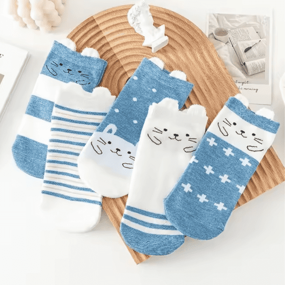 Women's Blue & White Cat Print Striped Cotton Ankle Socks 5-Pack