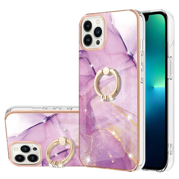 Nalacover Marble Pattern Case for iPhone 14 Pro, Diamond Rotated Ring Holder Kickstand Slim Fit Cover with Electroplated Frame All-Inclusive Lens Protection Anti-Shock Case, White Purple Marble