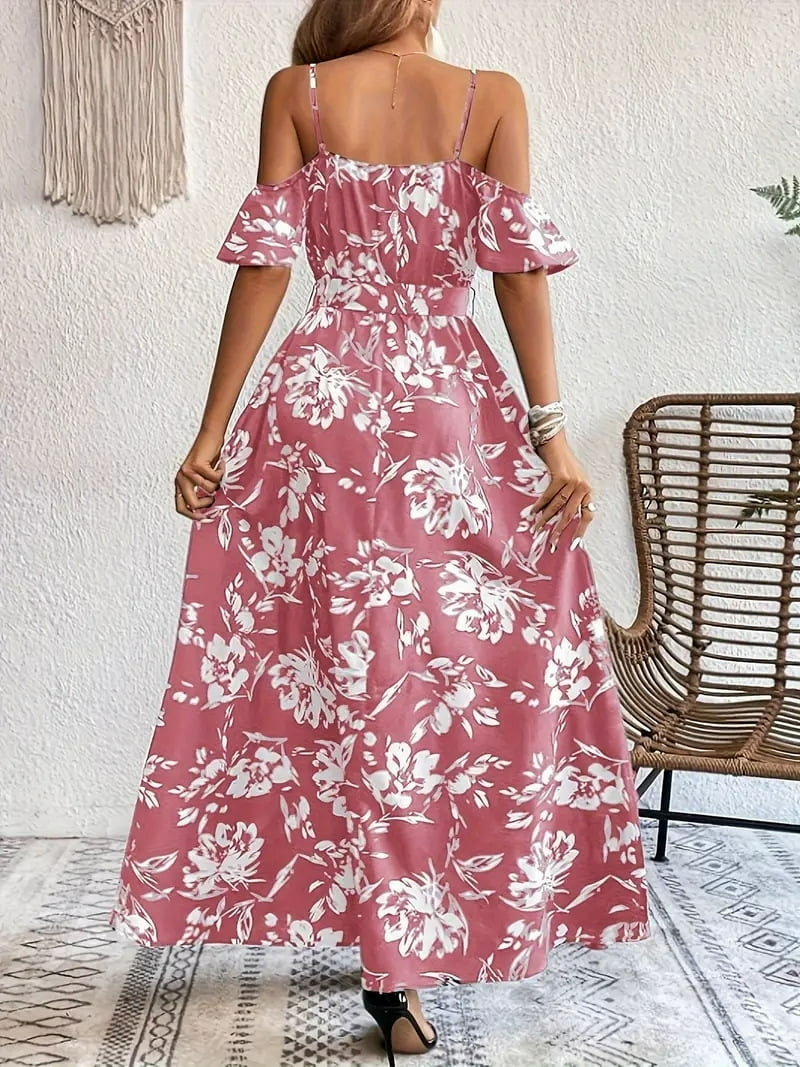 chinese dress ladies Floerns Women's Plus Size Cold Shoulder Short Sleeve Split Thigh Long Dress  Black Floral at Amazon Women's Clothing store main image 1