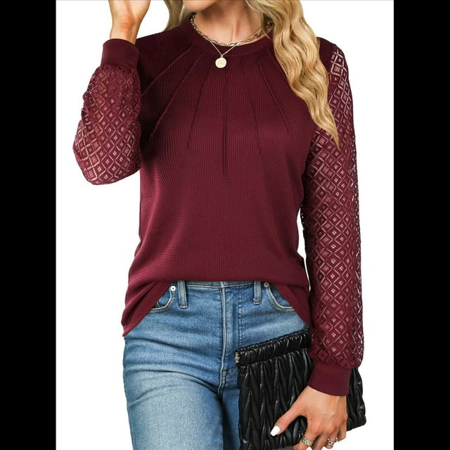 Blusas de Punto Gofre para Mujer, Blusas Elegantes Informales de Negocios, Camisas de Trabajo de Larga con Encaje, Ropa de Otoño. Vino Tinto M