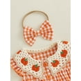 thumbnail image 6 of Baby Girl 2Pcs Halloween Outfits Pumpkin Fly Sleeve Button Up Bubble Romper Peter Pan Collar Plaid Bodysuit with Headband Set 0-18M, 6 of 8