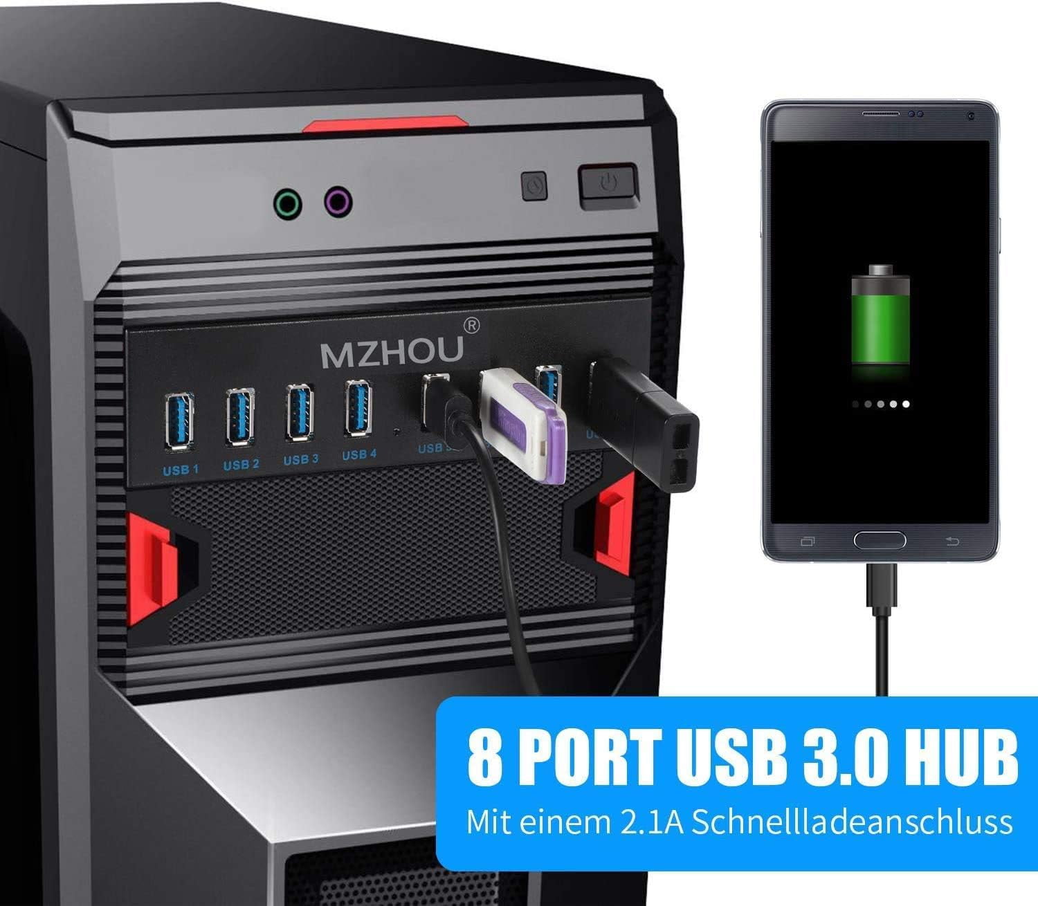 MZHOU 8-Port USB 3.0 Front Panel Hub Expansion Card - with 19-Pin & SATA Cables, 5 Mounting Screws - Compatible with Windows XP/7/8/10 & Linux - Desktop PC Internal USB Hub for Case Expansion