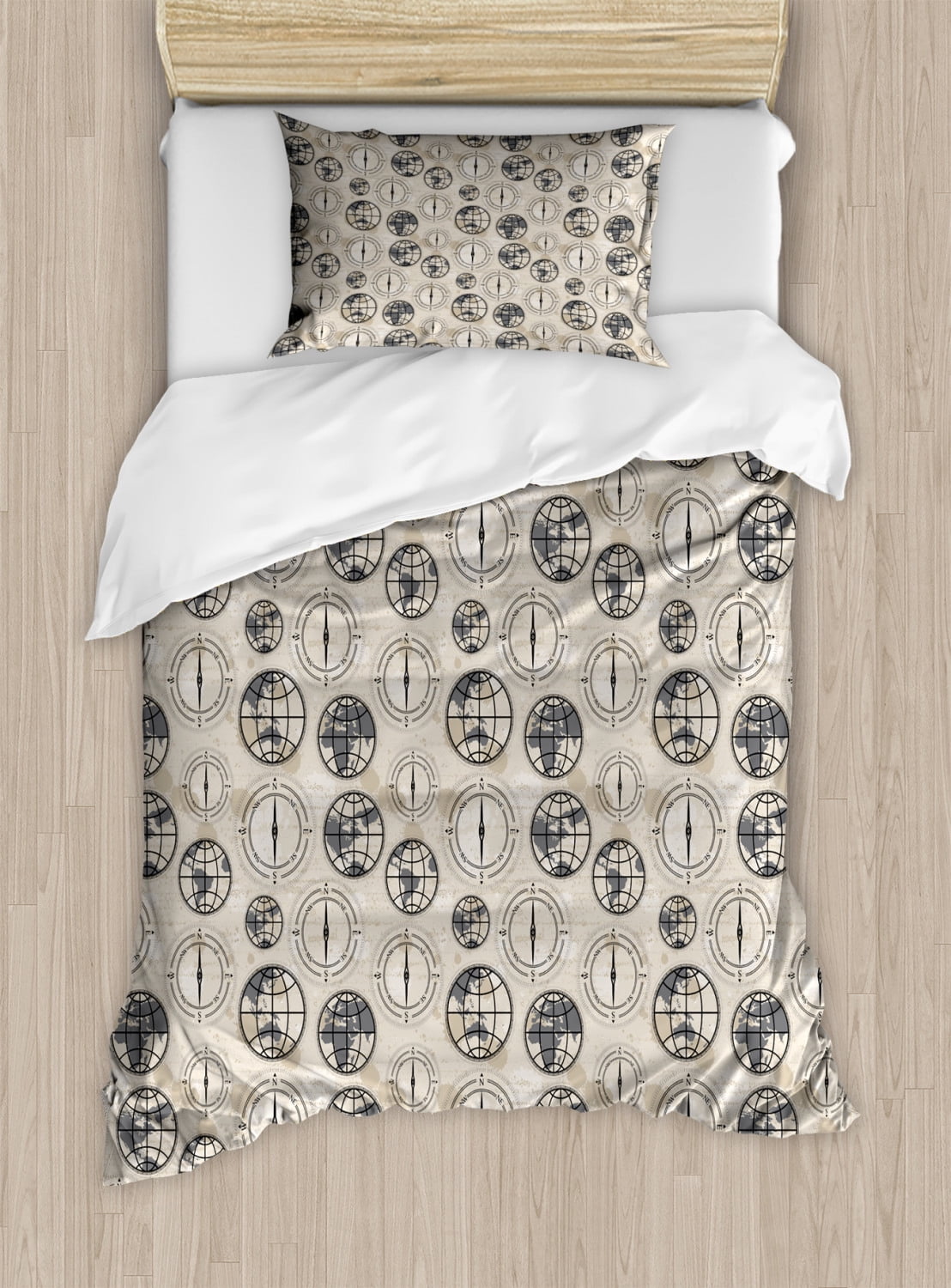Compass Duvet Cover Set Twin Size, World Map Pattern with Aged ...