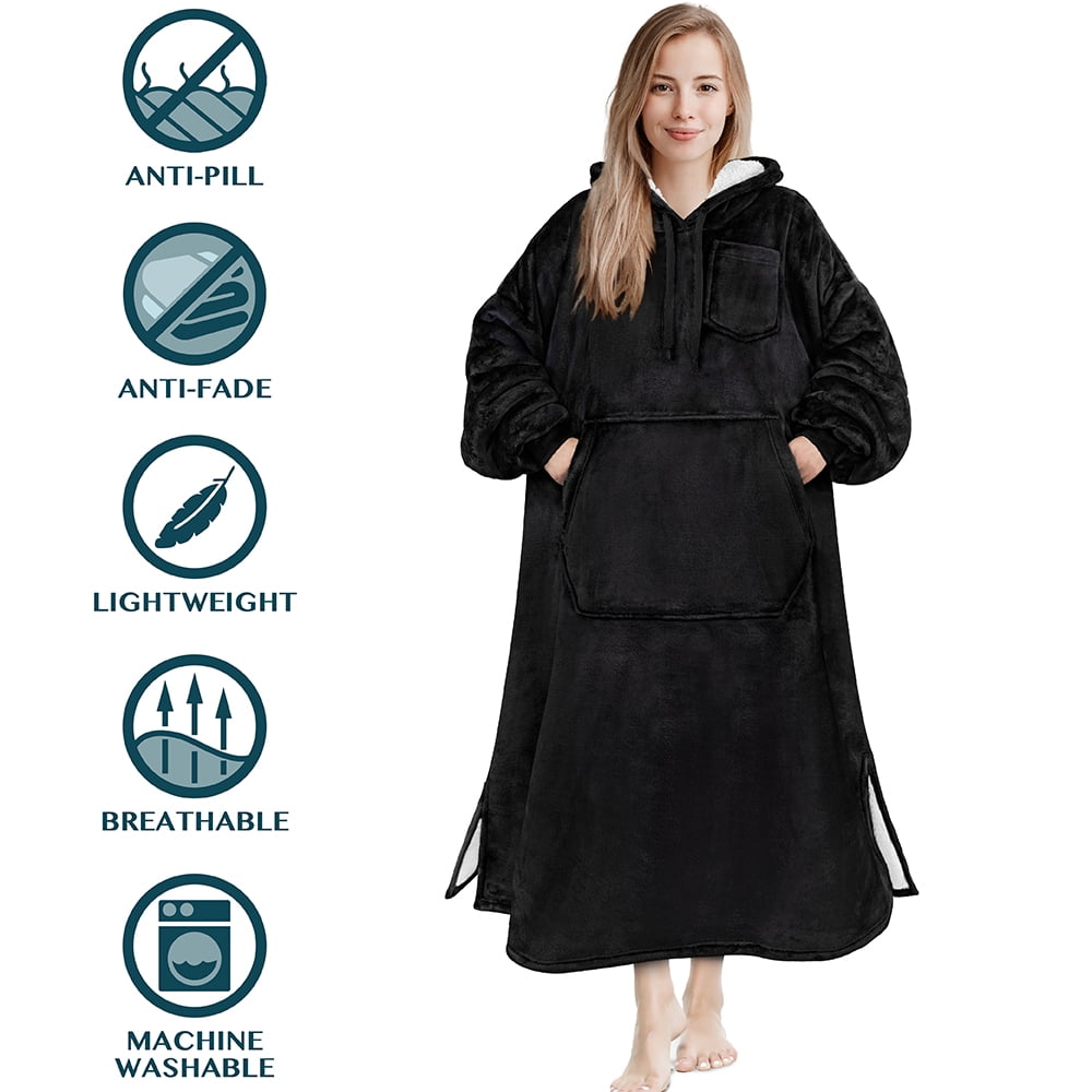 PAVILIA Blanket Hoodie for Women Black, Sherpa Wearable Blanket Men, Cozy Oversized Sweatshirt Blanket, Warm Fleece Hooded Blanket Sweater with Sleeves and Giant Pocket, Adult Long, Black