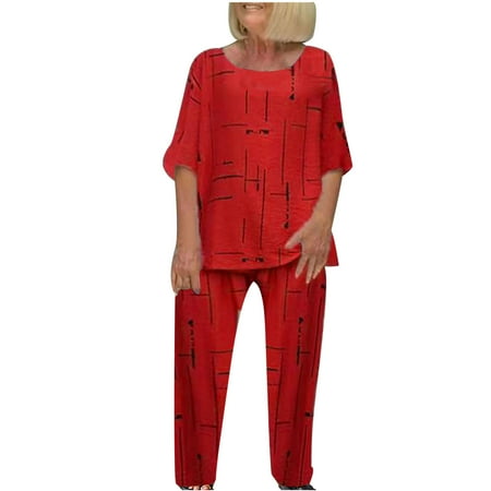 Summer Savings Clearance! Bxsruta 2 Piece Sets for Women  Half Sleeve V-Neck Print Pullover Tops Shirts + Pants Trousers Set  Oversized Loose Travel Vacation Oufits Lounge Sets Red 5XL