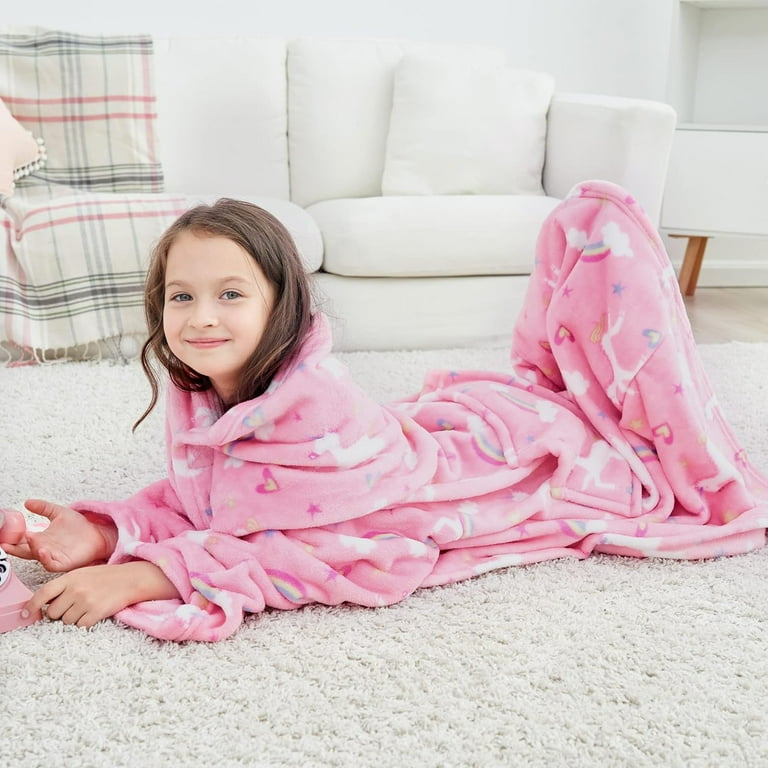 Wearable Fleece Blanket with Sleeves Foot Pocket for Kids Boys Girls Children Lightweight Soft Blanket with Sleeves and Hook Loop 48 x 48 Pink