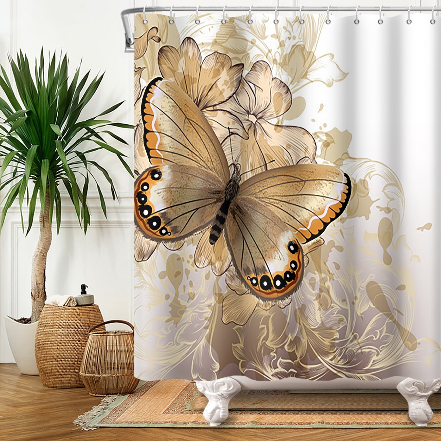 Pbobriich Brown Butterfly Shower Curtain,Modern Design Bathroom Shower Curtain with Hooks,72Wx78L