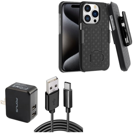 Home Charger & Case Belt Clip for iPhone 15 Pro Max - 17W 2-Port USB 3.4A Type-C Cable and Holster Swivel Cover Kickstand Z7G for iPhone 15 Pro Max (6.7 )