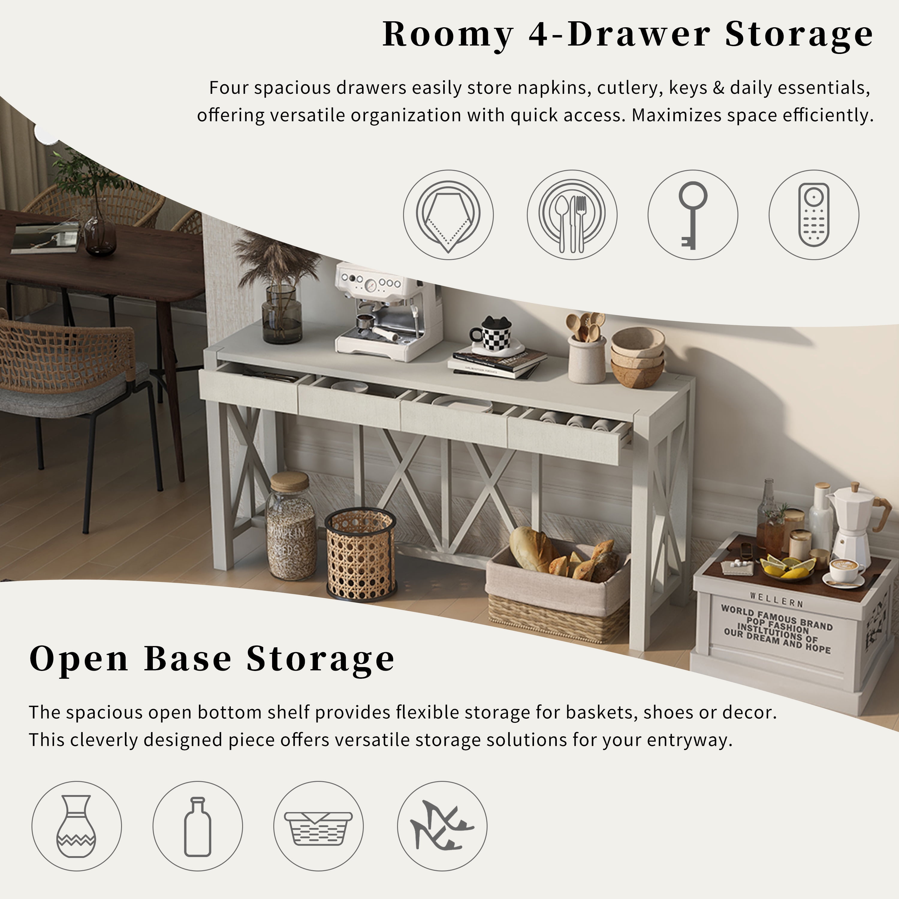 Euroco 60" Wood Console Table with 4 Drawers,Farmhouse Narrow Long Entryway Table Sofa Table with Open Bottom Storage for Living Room,Kitchen,Hallway,Beige
