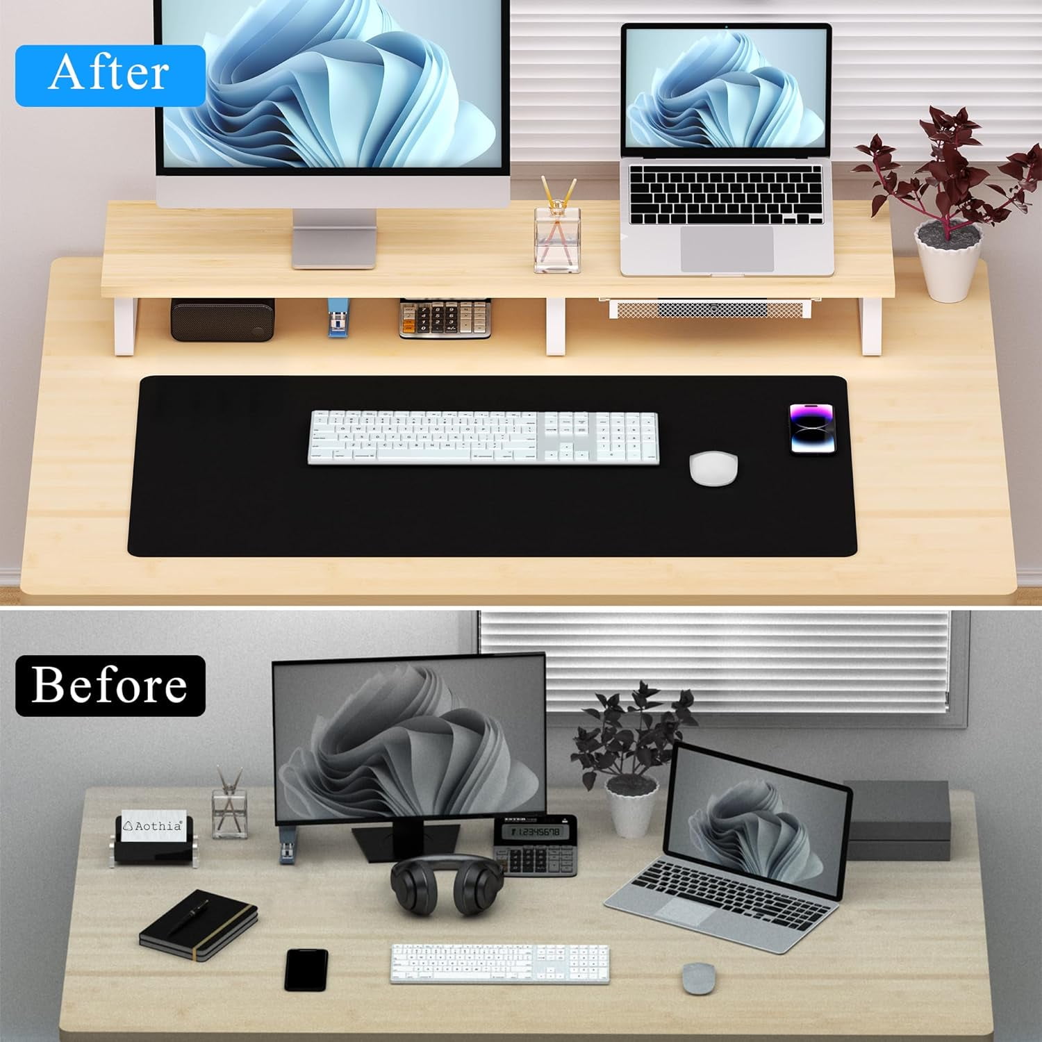 Dual Monitor Stand Riser with Drawer - Wood Monitor Shelf for 2 Monitors, Desk Organizer with Storage for PC Laptop Screen, Heavy Duty Metal Legs, Home Office Furniture (Oak)