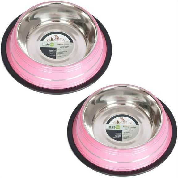 Iconic Pet 2-Pack Color Splash Stripe Non-Skid Pet Bowl, For Dog or Cat, Pink, 8 Oz, 1 Cup