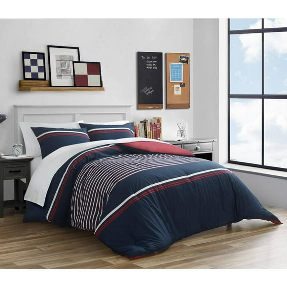 Mieola 3-Piece Navy Blue Striped Cotton Full/Queen Comforter Set