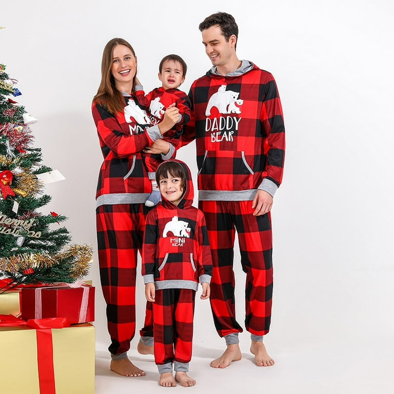 SYNPOS Christmas Family Matching Pajamas Set Plaid Bear Hooded Tops Pants Sleepwear