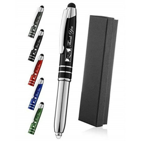 stylus thank you gift pen for touchscreen devices - 3 in 1 metal pen - compatible with tablets, ipads, iphones - retractable metal ballpoint pen - led flashlight - black - by