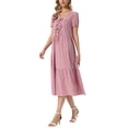 thumbnail image 4 of INSPIRE CHIC Women's Gingham Dress V Neck Short Sleeve Midi Dress M Dark Red, 4 of 6