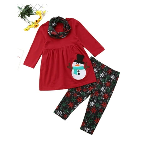 

Toddler Kid Baby Girl Xmas Snowman Clothes Outfits Tops Skirt+Pants+Scarf Set