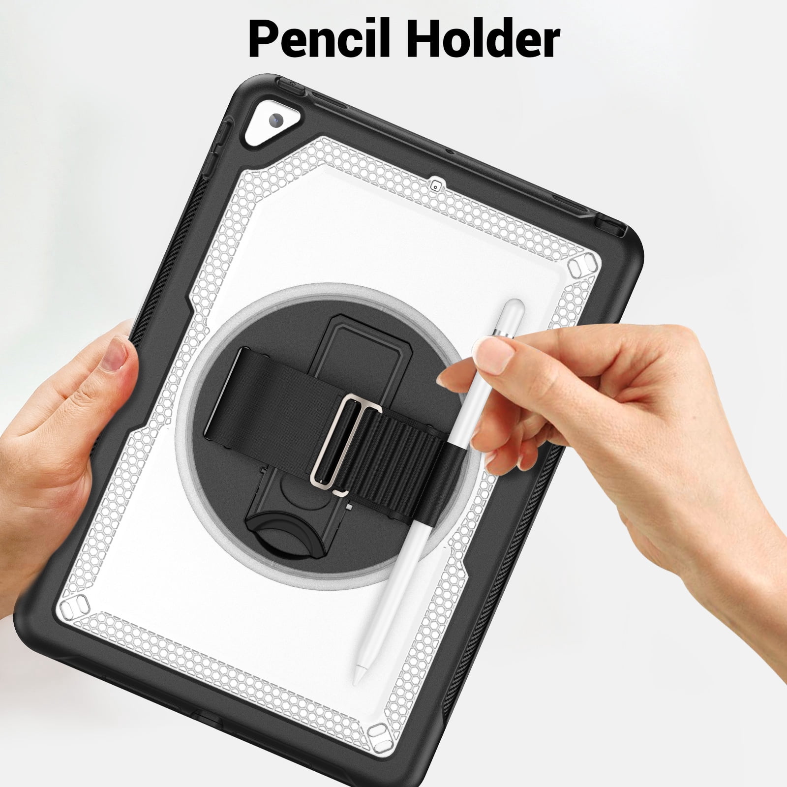 ELEHOLD Case for Apple iPad 10.2 2021/2020/2019 Pro 10.5'2017)(Air 3 10.5 (2019),Soft TPU Rugged Durable Case with 360° Rotating Hand Strap & Foldable Hidden Stand & Pencil Holder,Clear