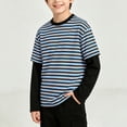 thumbnail image 5 of WDWYY Boys Striped Long Sleeve T Shirt Soft Stretchy Loose Fit Fake Two Piece Crew Neck Casual Tee Blue 12-13Y, 5 of 8
