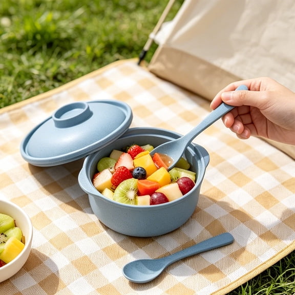 AUNVITO Microwave Safe Small Cooking Pot Set, Ribbed Handled Bowl With Lid & Spoon, Multi-color Heat Resistant Cookware For Home Dining Prep