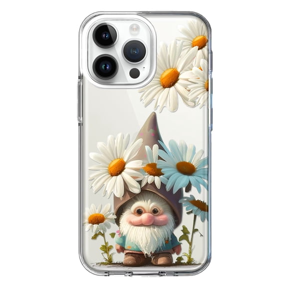 MUNDAZE Apple iPhone 14 Pro Max Shockproof Clear Hybrid Protective Phone Case Cute Gnome White Daisy Flowers Floral Cover