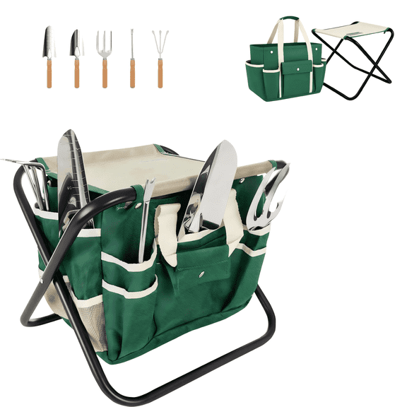 7-Piece Gardening Tool Set – Stainless Steel Tools with Wooden Handles, Folding Stool & Canvas Tote, Durable Garden Kit for Women and Beginners