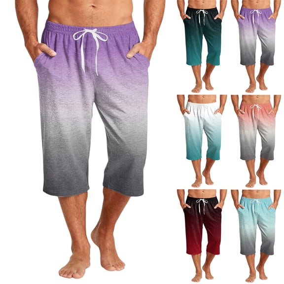Mens Swim Trunks Men's Gradient Print Casual Drawstring Cropped Capri Pants Summer Swim Trunks Beach Shorts with Elastic Waist Resort Style for Vacation Spring Travel Black L