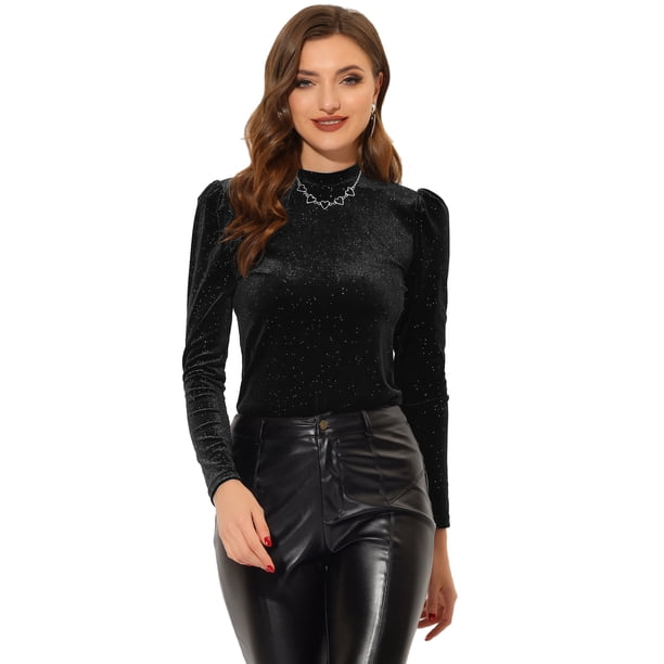 Blusa de terciopelo Allegra K de manga larga con cuello simulado y purpurina metálica Negro XL