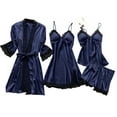 thumbnail image 2 of Women 3 Piece Lace Pajama Sets ,Comfortable Soft Satin Robe Dress Sleepwear Nightdress Pajamas Set Dark Blue XXXXXL, 2 of 5