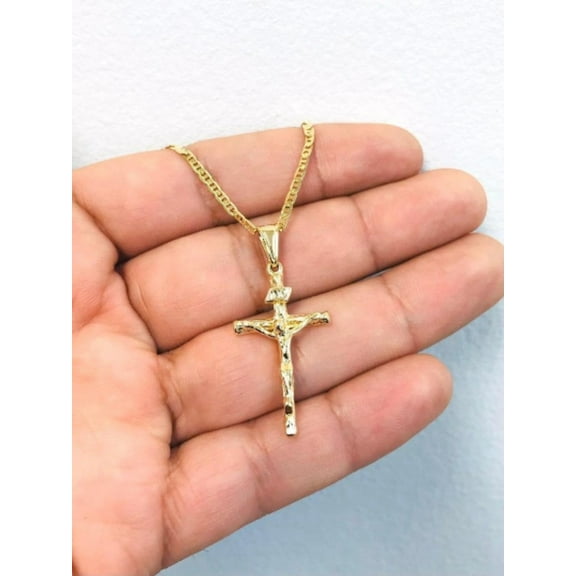 14K Gold Filled Cross Necklace for Men's 20" - Crucifix Pendant 33x18mm - Cross Pendant - Dije de Cruz - Mariner Link Chain 20"