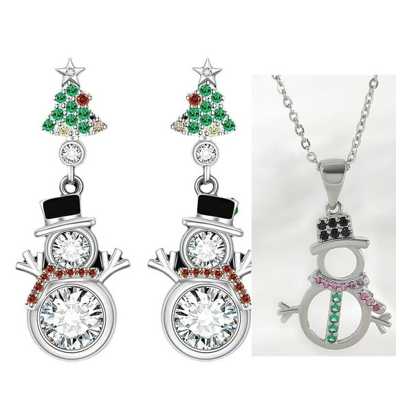 Top-kevin 3pcs Christmas Tree Snowman Necklace Earrings - White, Rhinestone-Inlaid, Alloy - for Christmas, Halloween, New Year Party Gifts