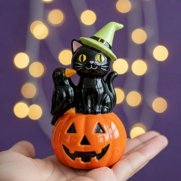 Halloween Decorations Indoor - Resin Black Cat Crow Pumpkin Figurine for Office Home Table Decor, Cute Halloween Gifts