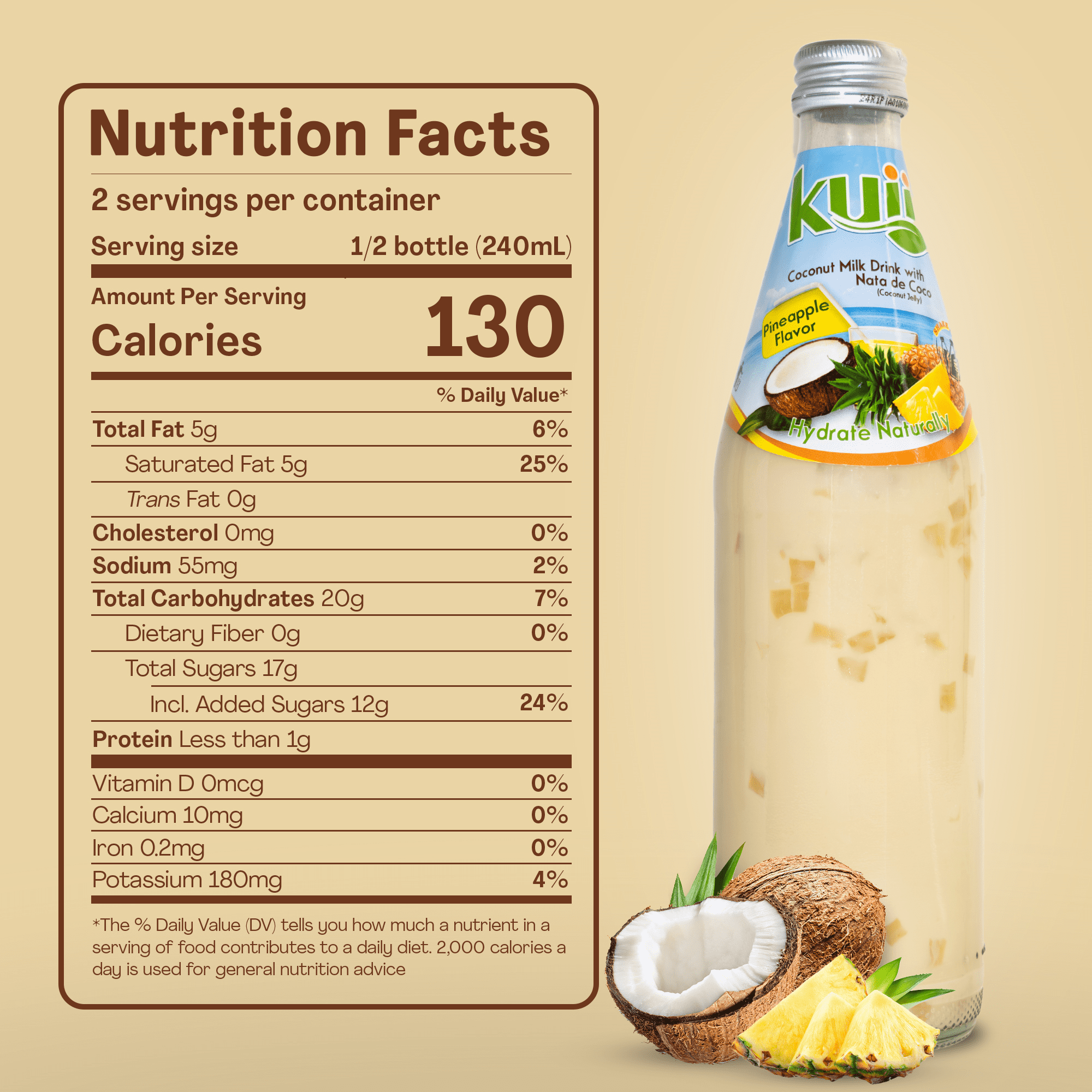 (12 pack) Kuii Drinks Coconut Milk with Nata de Coco, Pineapple, 485 mL Single Glass Bottle