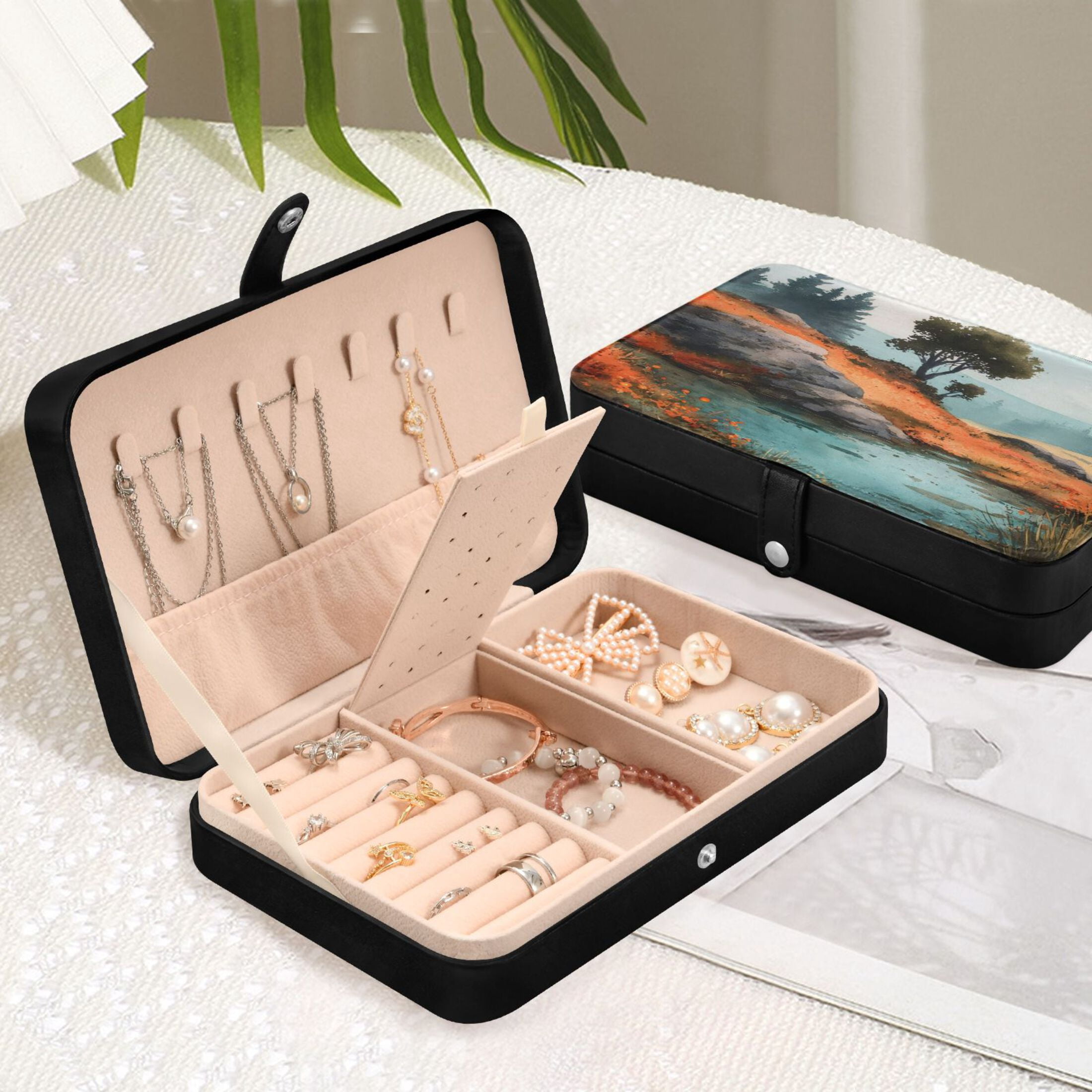 Leather Jewelry Box Rectangular 8.27x5.5x1.78In Travel Jewelry Storage Earrings Necklace Bracelet Watch Brooch Storage Watercolor Tree