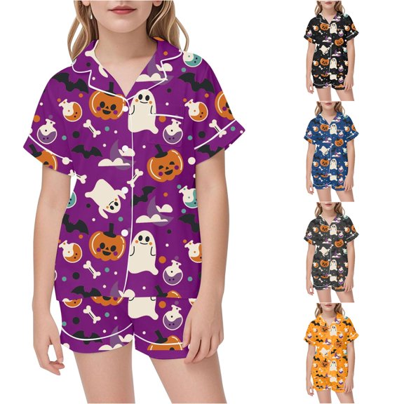 Weebloom Halloween Kids Girls' Pajama Sets Cute Pumpkin Outfits 2 Piece Set Short Sleeve Button Down Shirt And Shorts Casual Toddler Clothes Sleepwear Nightwear Pjs Loungewear 7-8Years