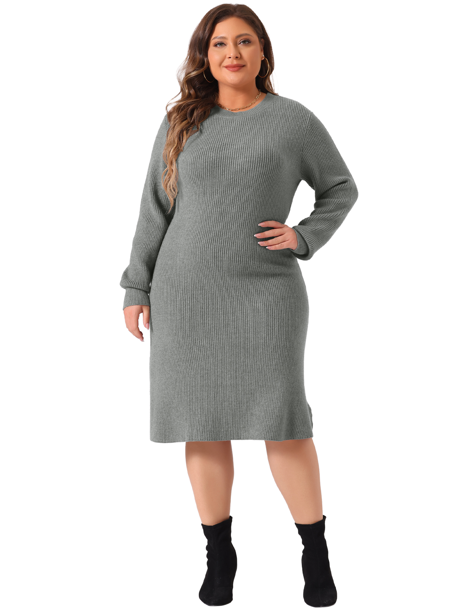 DARING DIVA Plus Size Sweater Fall Crew Neck Long Sleeve Dress 2X Gray