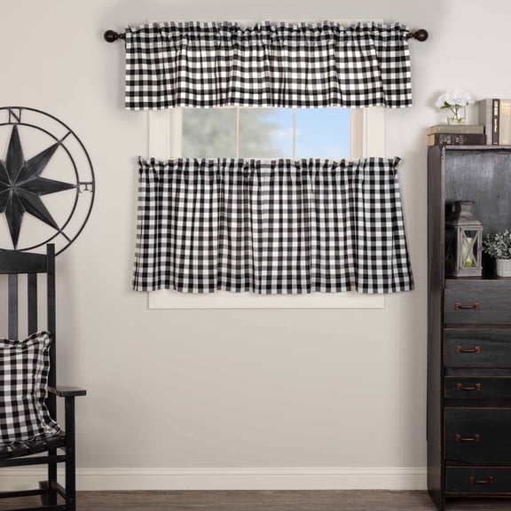 VHC Brands Annie Buffalo Check 3 PC Country Black Curtain Set (1 Valance 16x72 and 2 Tier 24x36)