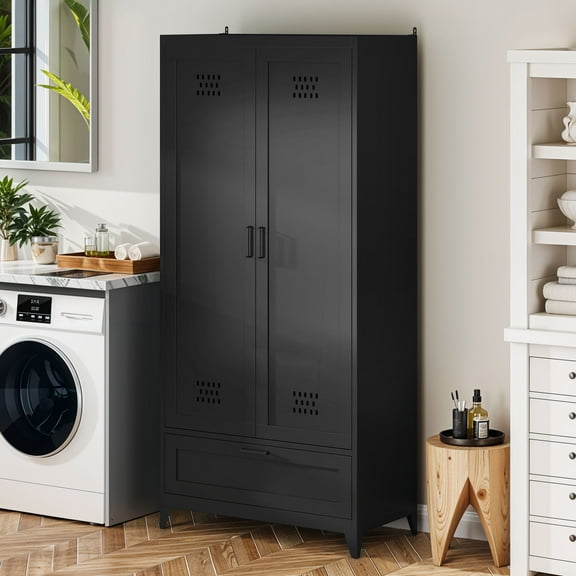 Uforic 70.9" Garage Storage Cabinet with Doors & Shelves, Metal Cabinet with Lights, Black