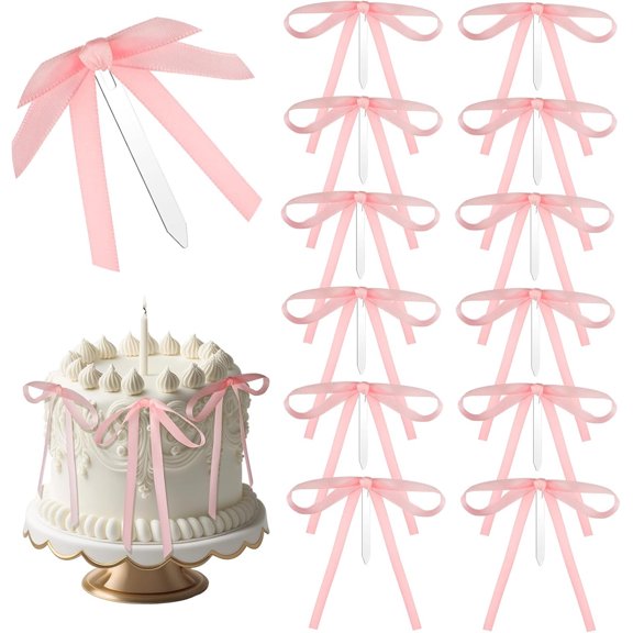 20Pcs Bow Ribbon Cake Toppers,Tutuviw 3.9x3.9 In Satin Bowknot Cake Toppers with Acrylic Spikes,Coquette Cake Decorations for Graduation Bridal Bachelorette Party Supplies (Pink)