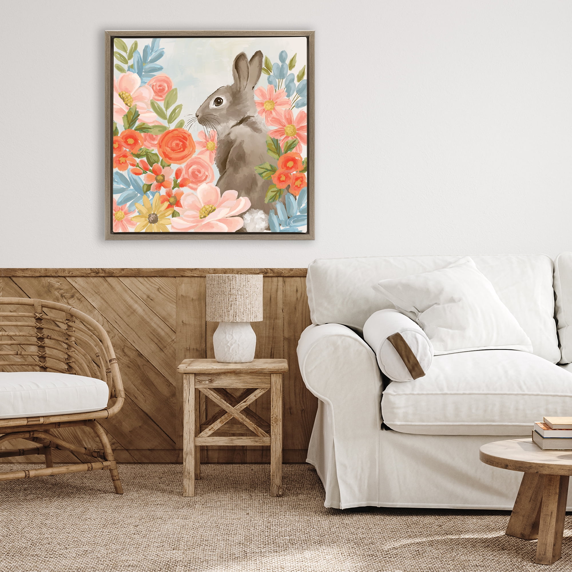 Stupell Industries Bunny In The Blooms Brown Framed Floater Canvas Wall Art, design by Cat Thurman Designs