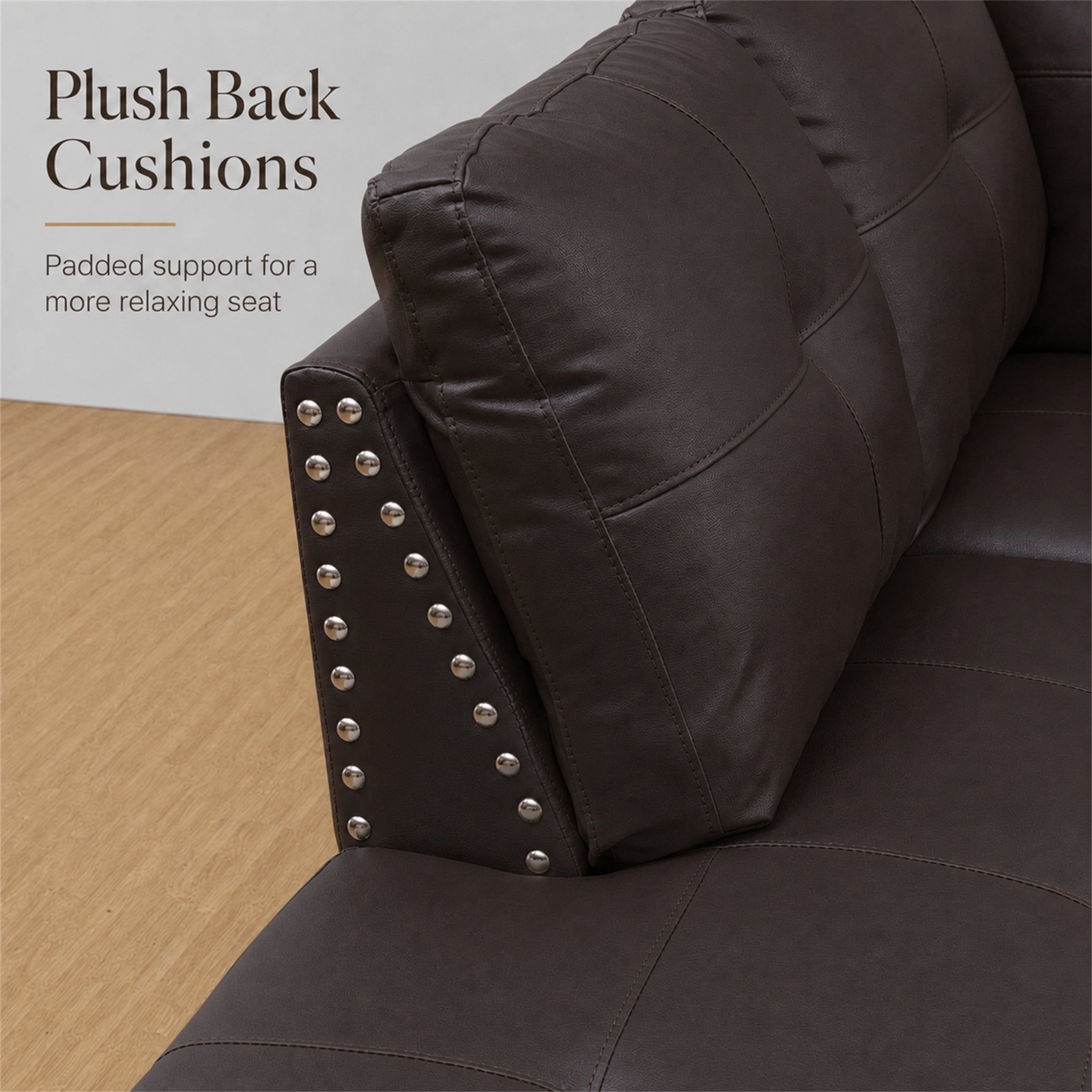 Aukfa 98" L Shaped Sectional Couch with Cup Holder Console, Tufted Back&Nailhead Trim, Oversized Left Chaise Leather Sofa for Living Room, Brown