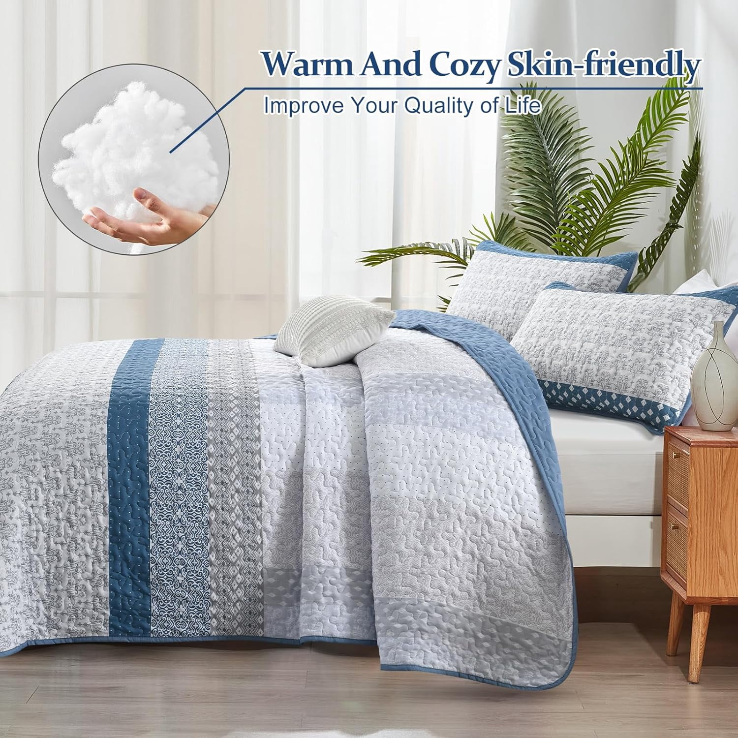 Blue Quilt King Size Bohemian Stripe Quilt Sets 3 Pieces Bedspread Set All Season (104"x90")