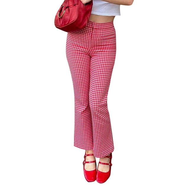 Gupgi Pantalon à Carreaux Rouges pour Femmes Taille Haute Ajusté Mode Décontracté Légèrement Évasé