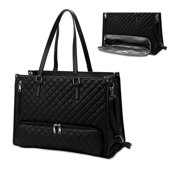 Work Tote Bag PU Leather with Insulated Lunch Compartment and Laptop Sleeve, 16.5 inch Multi-Functional Briefcase for Office Travel Casual Use Black