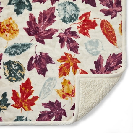 Better Homes & Gardens Sherpa Throw Blanket, 50" x 60", Maroon Leaves