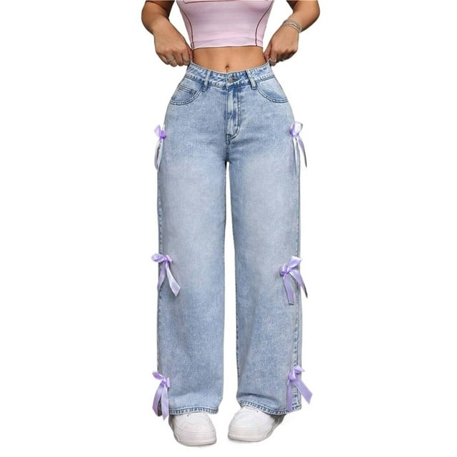 Pantalones de mezclilla de pierna recta con lazo lindo for mujer, pantalones vaqueros casuales holgados de talle alto, pantalones de moda Y2K con bolsillos