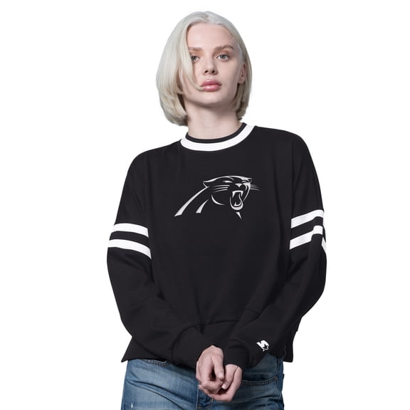 Women's Starter Black Carolina Panthers Rally Drop Shoulder Cropped Sweatshirt