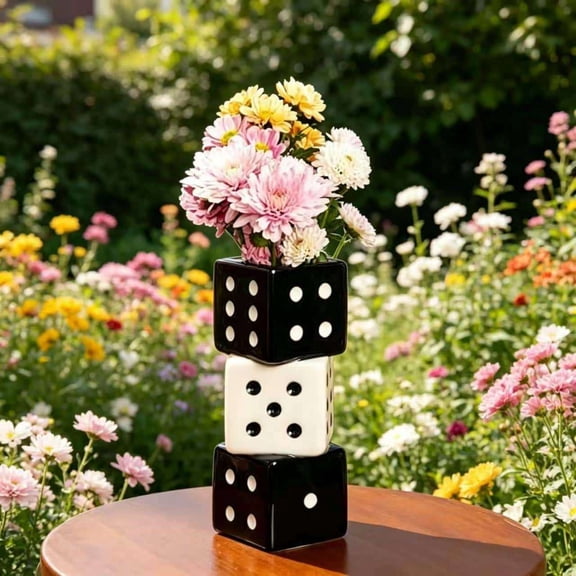 Cmunyle Black Stacked Dice Ceramic Vase 6.10 x 2.56 inch with Top Flower Opening for Desk Nightstand and Entryway Decor